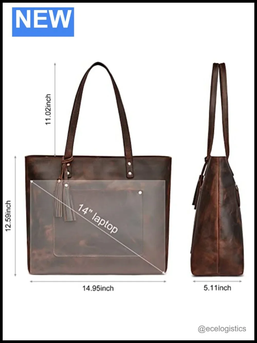 Vintage Large Buffalo Leather Tote Bag with Tassel, 8 Pockets, Fits 14